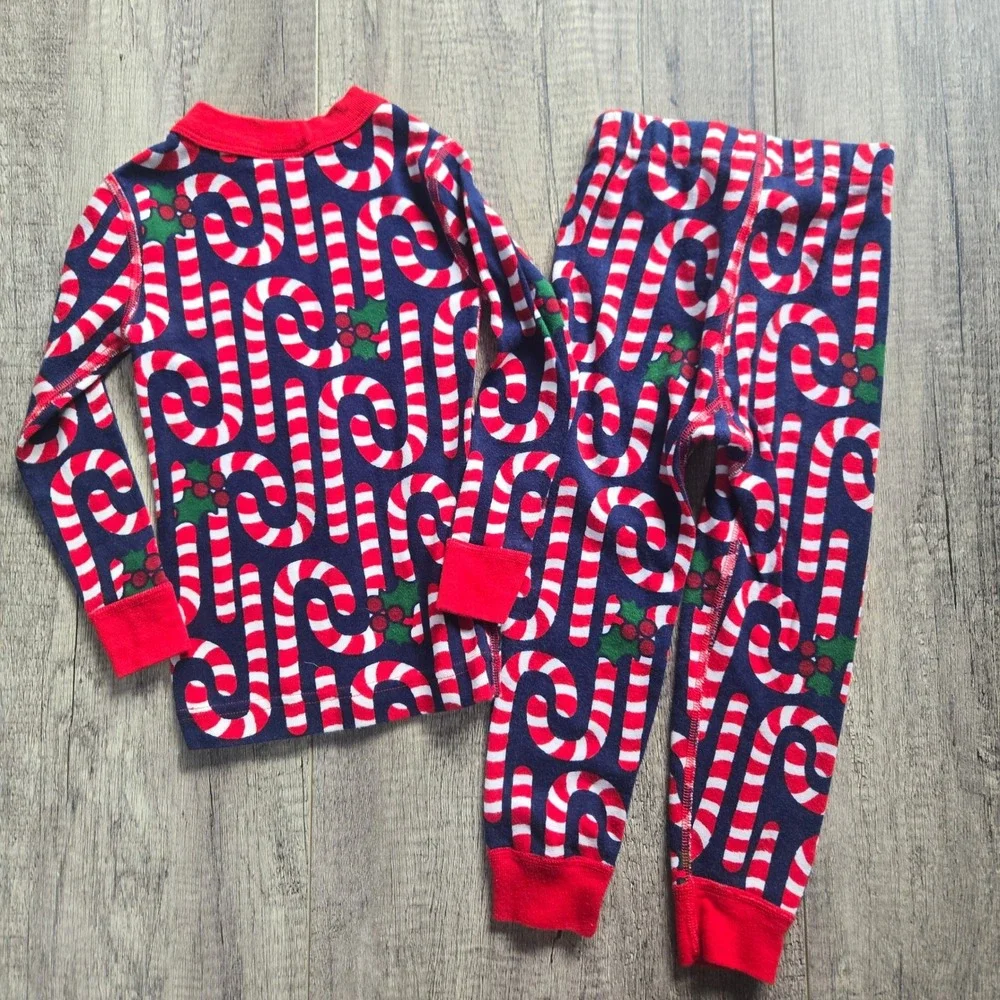 Hanna Andersson Kids 3T Candy Cane Holly Organic Cotton Pajama Set Navy Red